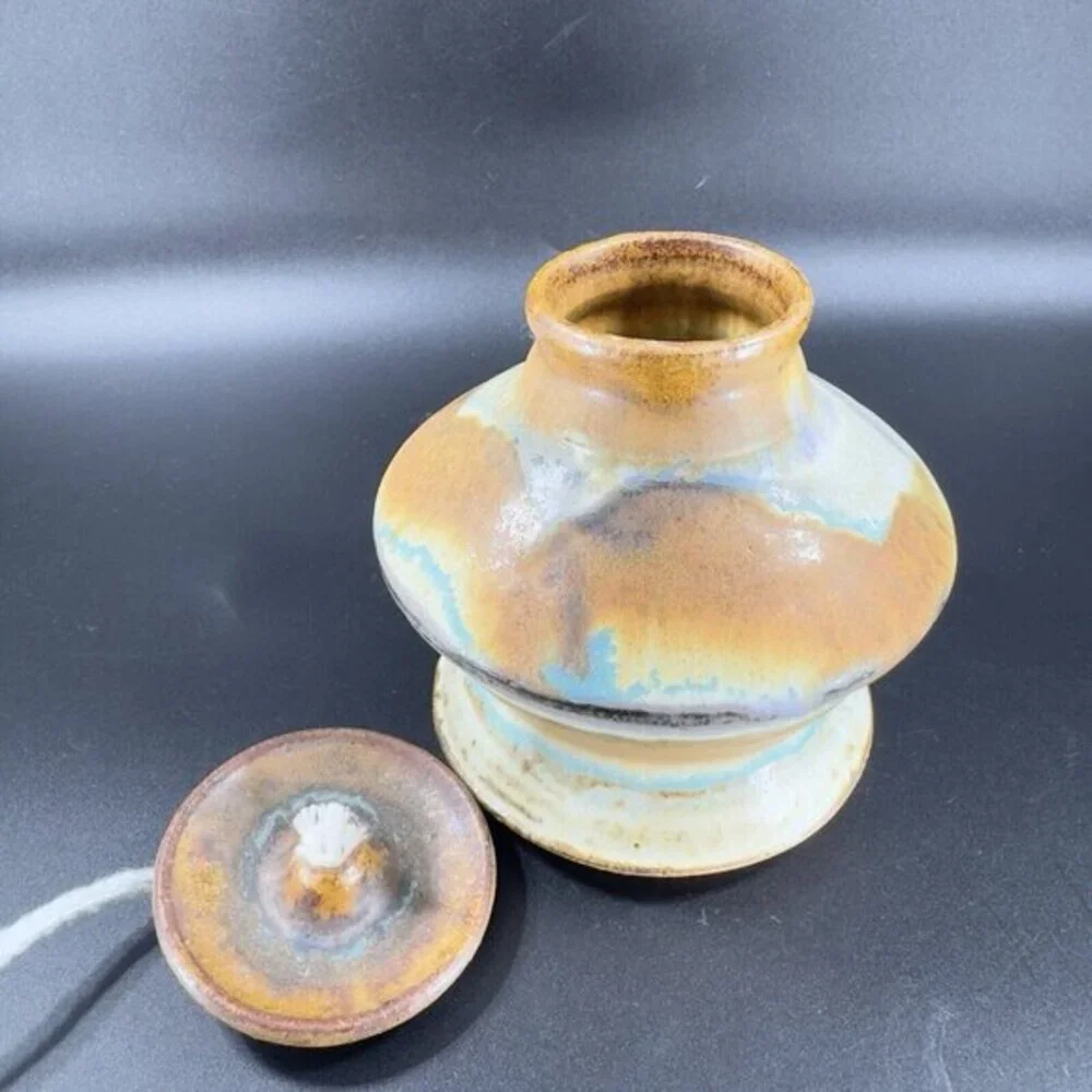 Vintage Hand Made Studio Pottery Oil Lamp Stoneware New Artist‎ Signed Pottery